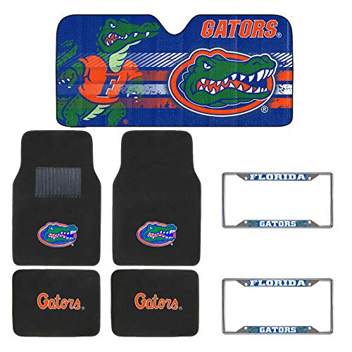 AAC FANMATS NCAA Mascot Carpet Floor Mats Bundle with License Plates and Sunshade for Florida Gators Fans Officially Licensed(7 Items)