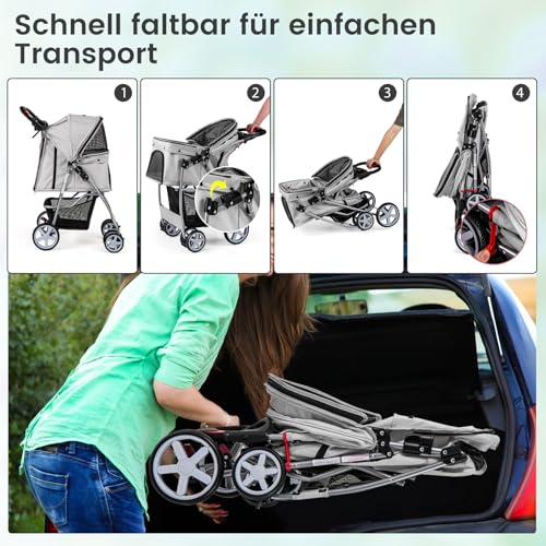 COSTWAY Hundewagen Haustiere Buggy, bis 15 kg, Hundebuggy mit Netzfenstern & Getränkehalter & Korb & Sonnenschutz, Faltbarer Katzenwagen, Katzenbuggy für kleine Hunde Katzen (Grau)