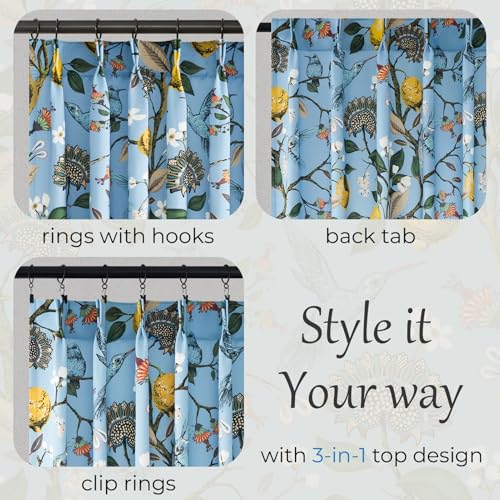 Image of Light Blue Rustic Pinch Pleated Curtains 96 Inches Long for Living Room Bedroom Blackout Vintage Art Deco Anthropologie Vintage Floral Lemon Hummingbird Drape 2 Panels