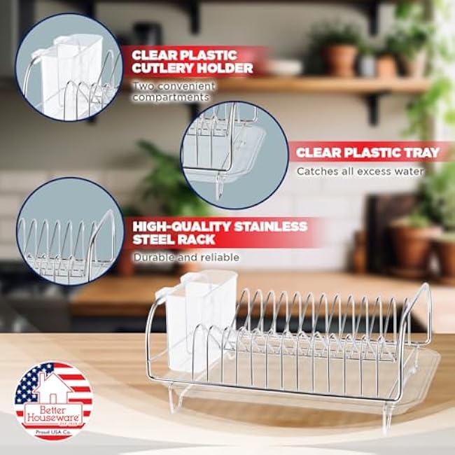 Better Houseware Stainless Steel Dish Drainer with Clear Plastic Tray and Cutlery Holder, Compact Space-Saving - Holds up to 12 Plates