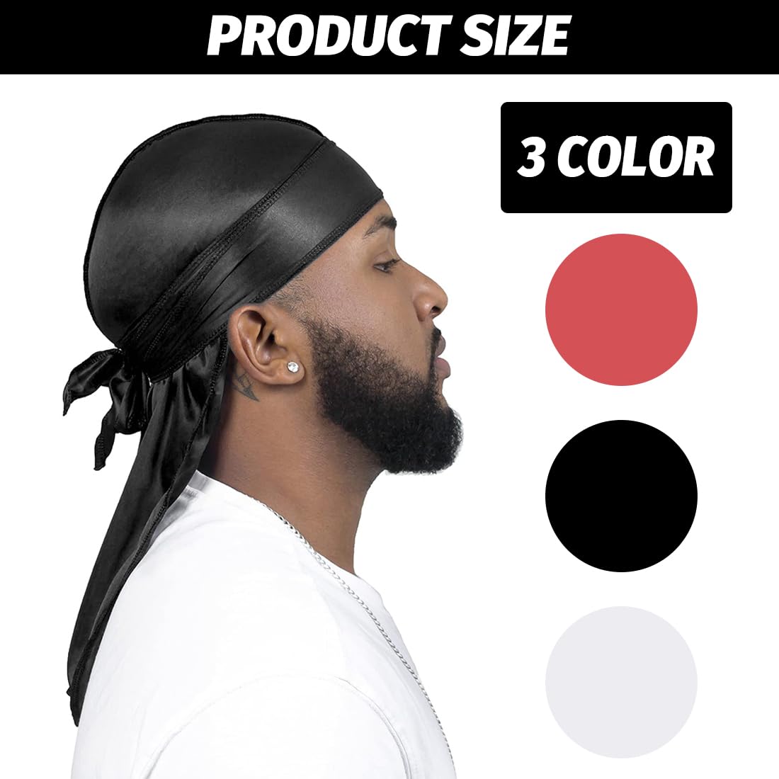 3 Pezzi Fasce Lunghe Durag Unisex Durag Fasce Larghe per Capelli da Pirata per la Perdita dei Capelli Cappello Turbante, Traspirante Morbido Elastico Bandana Wave Cap Copricapo a Coda Lunga