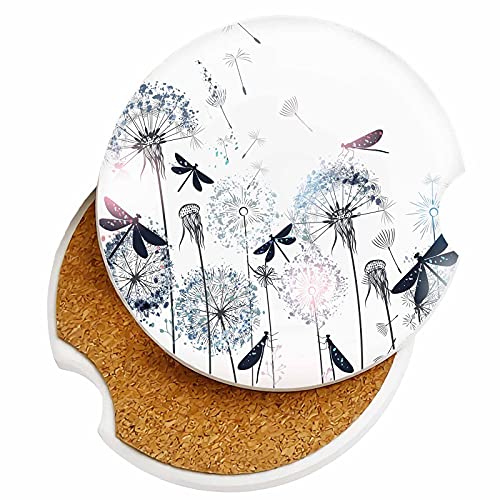 Absorbent Cute Car Coasters 2 Pack for Cup Holders, 2.56" Ceramic Stone Cork Base Drink Cupholder Coasters Elegant Dandelion Dragonfly