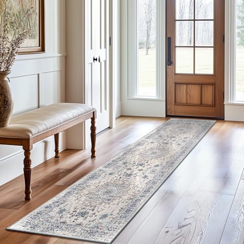 Image of BESTSWEETIE Washable Boho 2x8 Runner Rug, No Pile, Living Room, Beige Blue