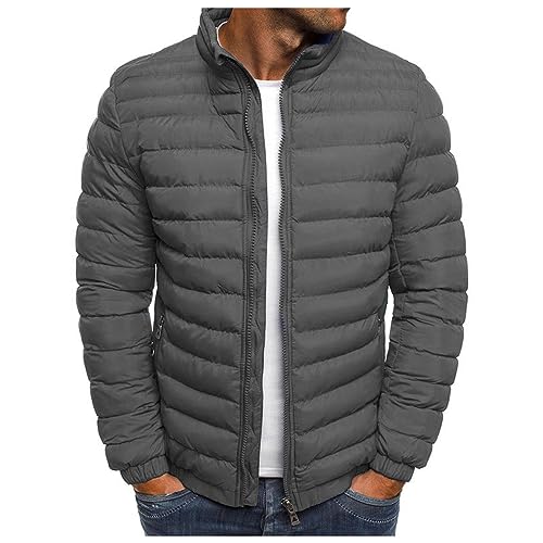 Men's Puffer Jacket Zip Up Long Sleeve Jackets Solid Color Quilted Lined Coats Lightweight Warm Coat with Pockets