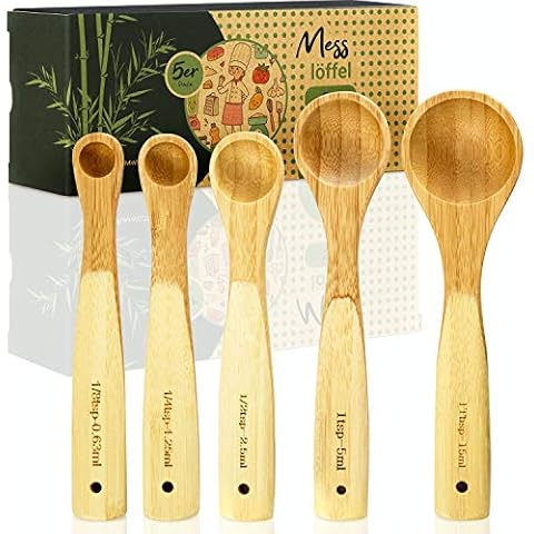 bambuswald © Ecological Measuring Spoon Set 5 pcs Made of 100% Bamboo | Matching Engraving on Each Spoon of Grams and millilitres - Measuring Spoons Measuring Cups Cooking Baking Measuring Spoon Sets Cover