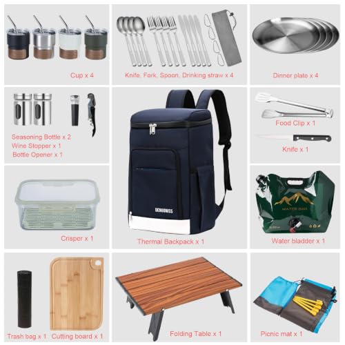 Image of Picnic Backpack Bundle Set Camping Gear with Fold Table & Waterproof Blanket & Stainless Steel Utensils for 4-Person Family Hiking Essentials (Blue, A-4 Person)