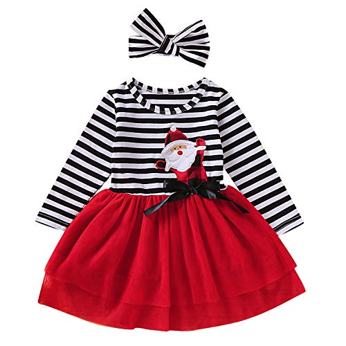 GRNSHTS Toddler Girls Christmas Outfits Baby Santa Claus Striped Long Sleeve Dress Tutu Skirt Playwear with Headband (Santa Red, 3-4 Years)