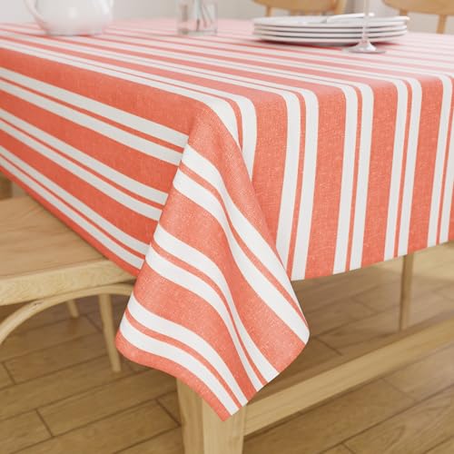 Image of Encasa XO Cotton Rectangular Table Cloth for 4 to 6 Seater | (142x180 cm) | Franca Orange Stripes | Dining Tablecloth for Decoration