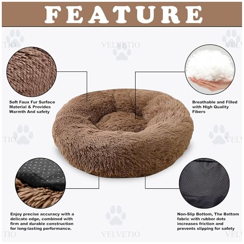 Calming Donut Dog Bed Medium (60 x 20 cm), Fluffy Plush Round Non Slip Bottom Puppy Doughnut Pillow, Faux Fur Anxiety Relief Cuddler Pet Cushion Bed, Brown - Image 3