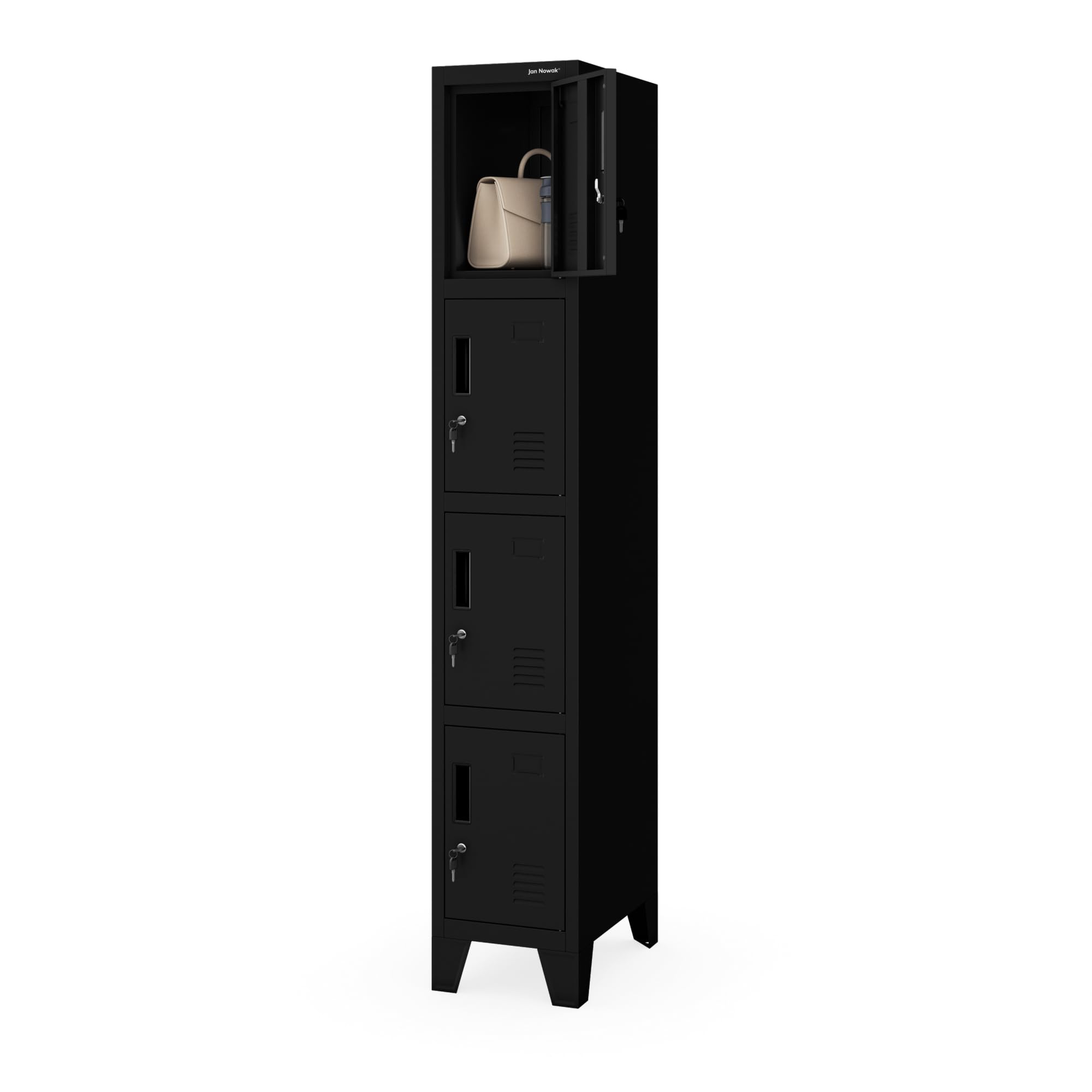 Jan Nowak Armoire Vestiaire Métallique 4 Casiers Verrouillables | Vestiaire professionnel en acier 0,6 mm, 4 casiers ventilés et verrouillables, fixation murale, rangement sécurisé.