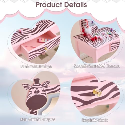 Image of Vanity Set,ShyneeMakeup Dressing Vanity Set Wooden Princess Makeup Table with Cushioned Stool,Drawer,Wooden Legs and Mirror, Make Up Dressing Play Set for Girls (Pink Zebra)