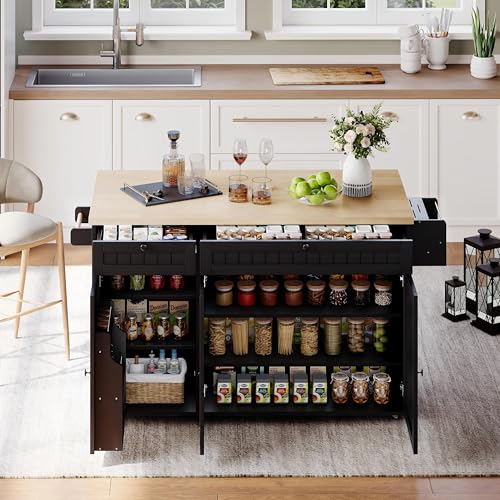 VIVCA Isla de cocina con encimera plegable, armario de cocina con 6 ruedas bloqueables, con estante, estante para puerta, 2 cajones grandes y armario, color negro, 137 x 89,5 x 45 cm