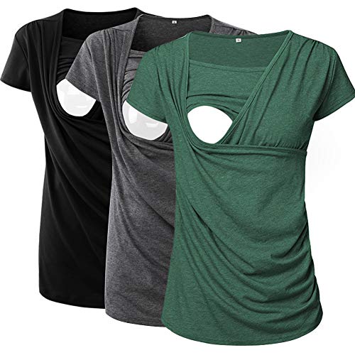 Ecavus 3 Packs Women's Ruched Side-Shirred Nursing Top Short Sleeve Breastfeeding Tee Shirt