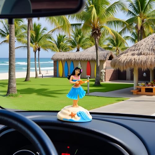 Wpppan Blue Dashboard Hula Bobble Head Solar Powered Hawaiian Hula Shaking Head Dancing Toy Figure for Car Interior Decorations Ornament Play Figures Style - Image 3