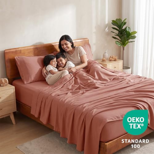 Image of LANE LINEN 100% Organic Cotton Bedsheet for King Size Bed - Rose Dawn | GOTS Certified, Percale Weave, 108x108 inches, Soft & Breathable, Machine Washable, Includes 2 Pillow Covers