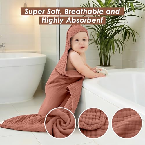 Image of Ease Cubs 3-Pack Muslin Hooded Baby Towels, 100% Cotton, Ultra-Soft & Absorbent Baby Bath Towels with Hood for Babies, Infant, Toddler and Newbron (Bean Paste Series,32 inch x 32 inch)