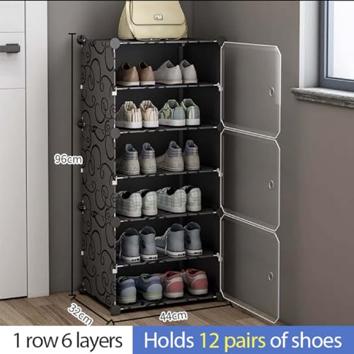 Image of AYSIS Plastic Shoe Rack for Home | 𝟔 𝐒𝐡𝐞𝐥𝐟 DIY Shoe Rack with Door 𝐌𝐚𝐠𝐧𝐞𝐭𝐬 for Home Storage Plastic Box Organizer, Metal Door Frame, Chappal Slipper Sandals Stand (Black, 6-Shelf-3-Door)