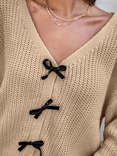Image of CUPSHE Womens Sweaters Bow Sweater Neck Casual Long Sleeve Lightweight Crochet Pullover Sweater Tops