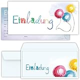 beriluDesign Set: 12 große Einladungskarten mit 12 Umschlägen zum Geburtstag, Kindergeburtstag oder sonstige Feier mit freundlichem Ballon-Motiv | Kinder Geburtstag-Einladungen
