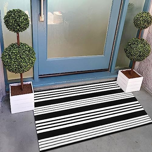 Bedkiss Black and White Striped Rug 28x43 Inches Hand