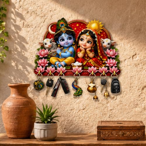 Image of Webelkart Premium Radha Krishna Wooden Key Holder for Home Decor, Wall Mount Key Hanger, Key Chain Holder for Wall, Living Room, Pooja Room (Red)