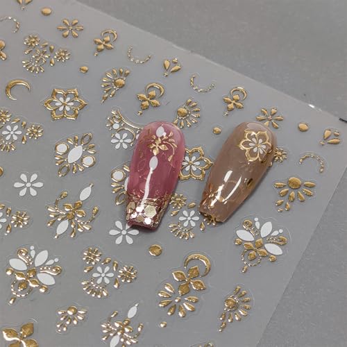 Gold Nail Art Stickers Boho Nail Stickers 5D Embossed Flower Nails Designs Boho Nails Decals Self-Adhesive Nails Art Decals for Nails Decoration Supplies for Women Girls DIY Manicure