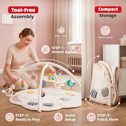 Image of Baybee 2 in 1 Premium Baby Play Gym & Activity Mat for Babies with Extra | Soft Cushion | Portable Playing mat for Kids with Sensory Toys | BPA Free Play Mat for New Born Baby up to 36 Months (Beige) | Soft Cushion | Portable Playing mat for Kids with Sensory Toys | BPA Free Play Mat for New Born Baby up to 36 Months (Beige)