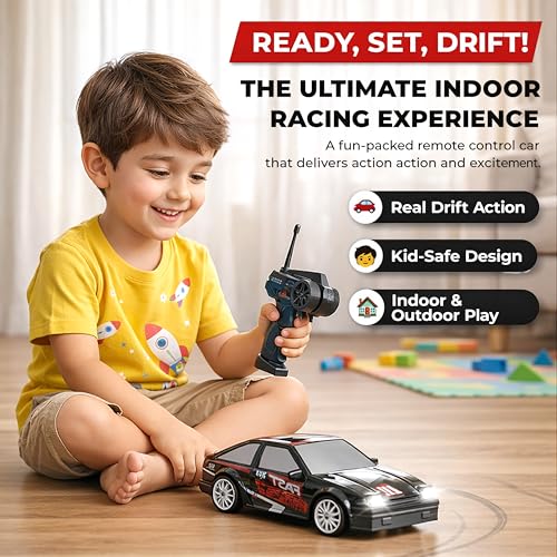 Image of 2.4GHz Remote Control Rally Drift Car Toy for Kids with LED Lights - 4WD 15Kmph RC Drifting Car with Extra Rubber Tires, Cones Barriers & Rechargeable Battery - Color and Design As Per Stock