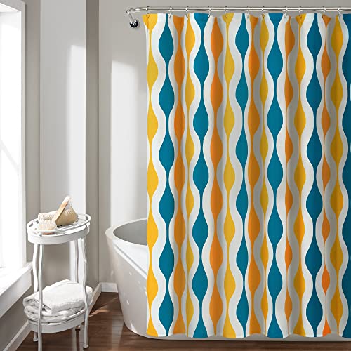 Lush Decor Mid Century Geo Shower Curtain Single 72 W x 72 L Turquoise & Orange - Blue Shower Curtains for Bathroom - Bathroom Curtain - Retro Decor