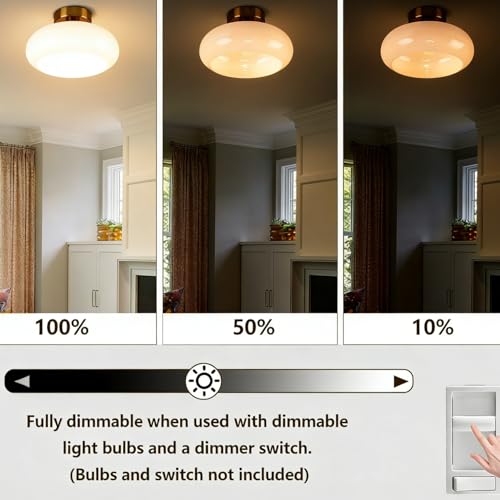 Image of Mid Century Modern Ceiling Light Milk White Glass Globe Flush Mount Ceiling Light 11 inch Brass Close to Ceiling Light Fixtures for Kitchen Bedroom Hallway Closet