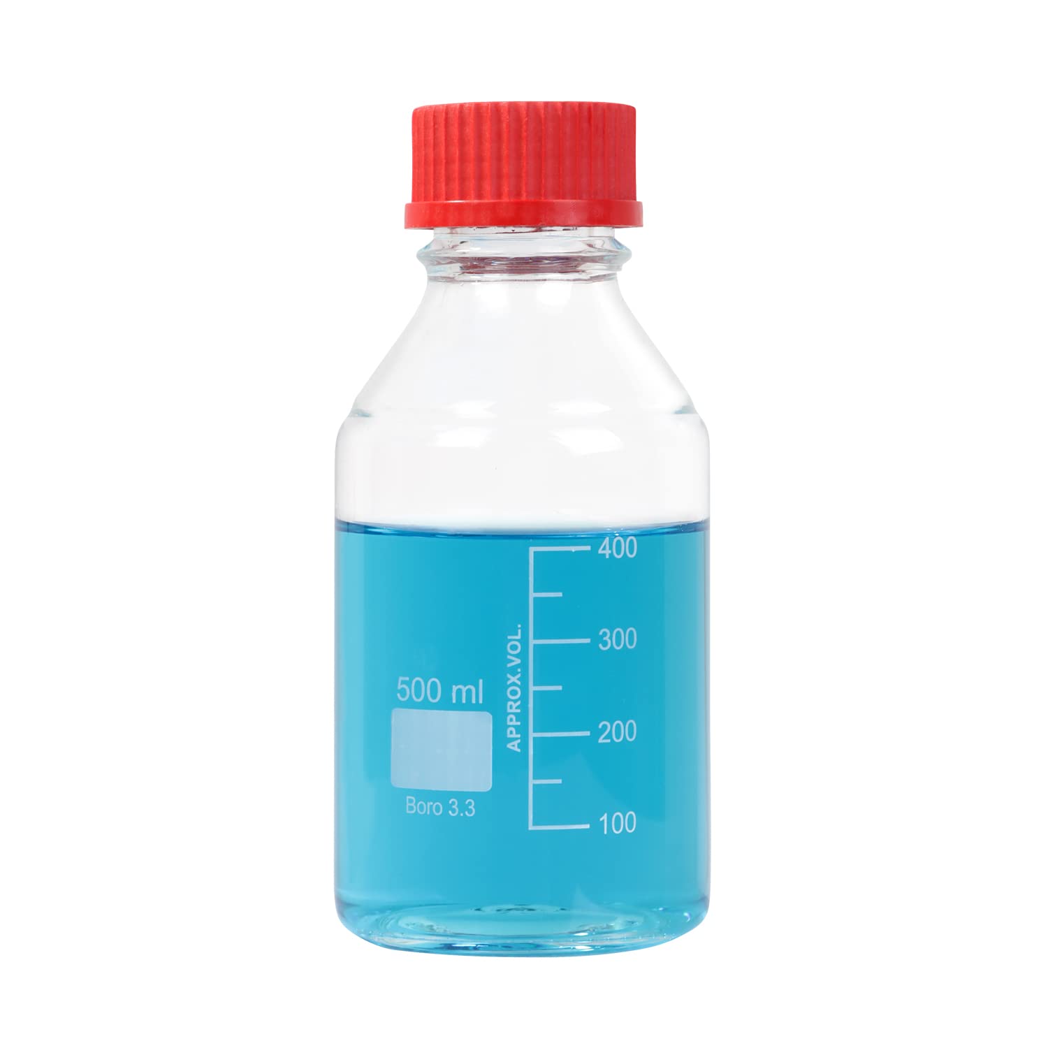 4 botellas de laboratorio redondas graduadas de 500 ml con tapa de rosca roja GL45 PBT, vidrio transparente de borosilicato 3.3