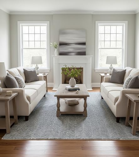 Image of Modern Herringbone Chevron Collection Handcrafted Wool Area Rug - Durable, Zigzag Pattern, for High Traffic, Contemporary Design for Living Room, Bedroom, Dining Room Decor (Deep Teal, 8' x 10')