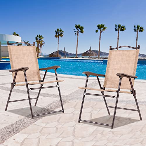 Tangkula Set Of 2 Patio Folding Dining Chairs, Outdoor Sling Lawn Chairs With Armrests, Steel Frame, Portable Camping Lounge Chairs For Backyard, Deck, Poolside And Garden, No Assembly (Beige) #TOP1