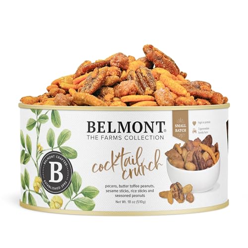 Image of Belmont Peanuts Cocktail Crunch Mix, 18 oz (1 Pack) - Pecans, Butter Toffee Virginia Peanuts, Sesame Sticks, Rice Sticks, Seasoned Peanuts - Simple Ingredients, No Preservatives, Hand Seasoned