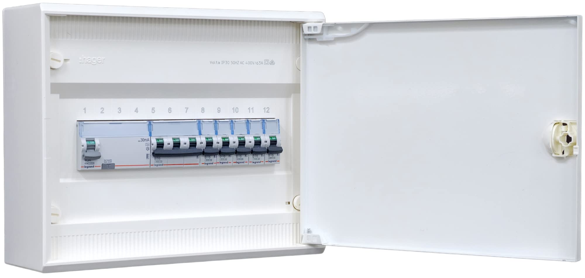 Hager VA12CN - Distribuidor de superficie (1 fila, conexión preinstalada con cable y bloque de sujeción, 1 x FI de 4 polos, 1 x 3 polos + 5 x 1 pol LS B16A)