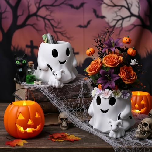 Chunful 2 Pcs Halloween Decor Ghost Buckets 6 Inch Halloween Table Centerpieces Decor Resin Ghost Candy Bowl Bucket Vase Planter Pot Gift for Indoor Outdoor Garden Home Table Decoration