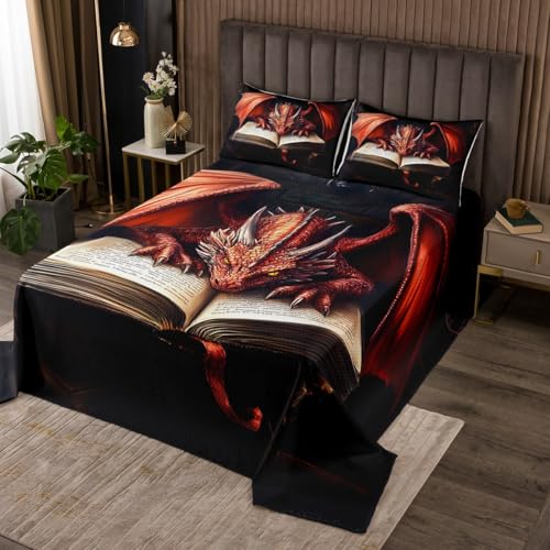 Homewish Western Dragon Kids Bedspread King Size,Gothic Animal Read Books Trippy Coverlet Set,Boys Man Room Decor,Magical Tale Mystery Quilted Coverlet,Red Black Chic Bedding Quilt,2 Pillowcases