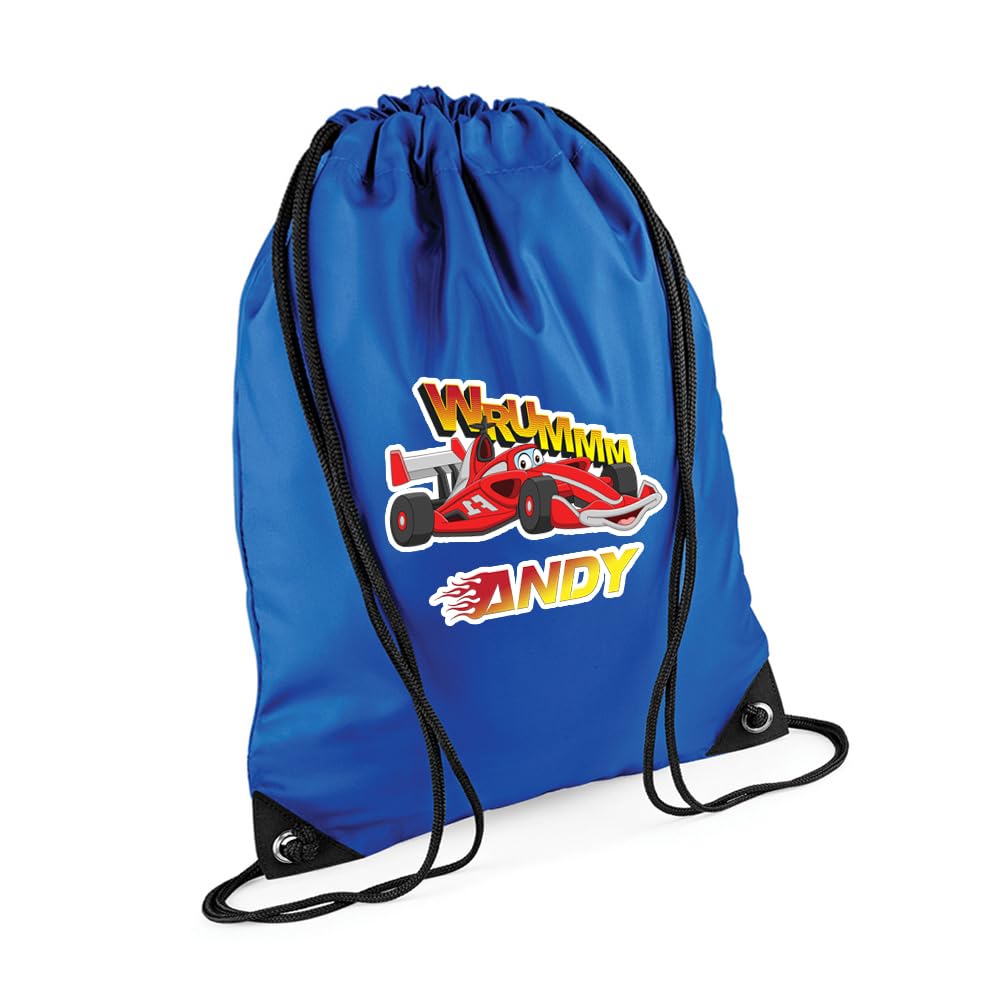 Personalised Kids Cars Backpack, Sport Car Bag Gift For Children's, Back To School, Drawstring Bag, PE Gym Kit Swimming, Sport Rucksack. (Bright Royal)