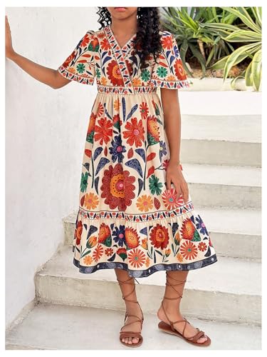 Girl's Cute Floral Midi Dress Boho Ruffle V Neck Short Sleeve Flowy Dresses Summer Vacation Beach Outfits4