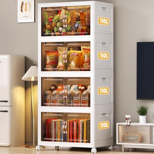 ELPHECO Scatole portaoggetti con coperchio, 4 pezzi, grandi, pieghevoli, impilabili, con ruote, in plastica, organizer da cucina (4 × 110 L) ELPHECO Scatole portaoggetti con coperchio, 4 pezzi, grandi, pieghevoli, impilabili, con ruote, in plastica, organizer da cucina (4 × 110 L)