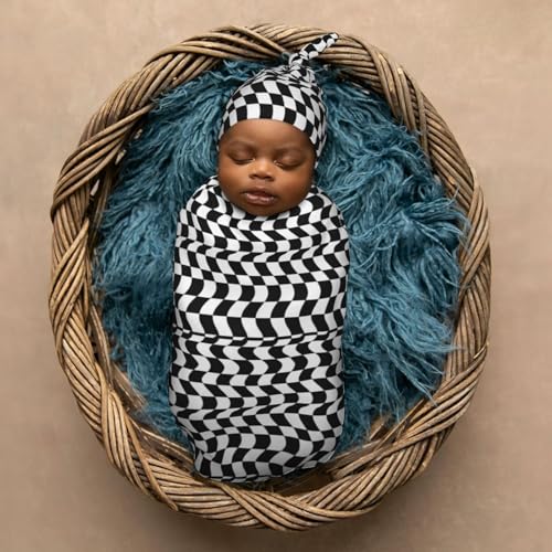 Image of Black White Racing and Checkered Pattern Newborn Swaddle Blankets Hat Sets Soft Baby Receiving Blanket Swaddle Sack for Baby Shower Infant Boy Girl Gift