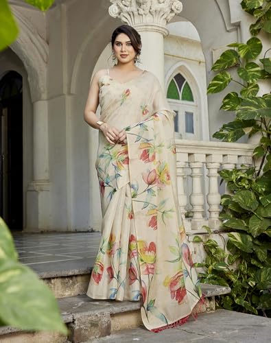Image of Yashika Women's Chanderi Floral Digital Print Chandheri Saree with Unstitched Blouse Material