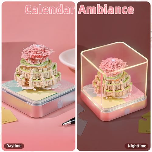 Schreibtischkalender mit Lichtern, 2026 Schreibtisch Kalender 3D Memo Pad Papier Kunst Sakura Baum Kreative 3D Notizblock Papier Schnitzen Geschenk Desktop Dekoration Battery not included