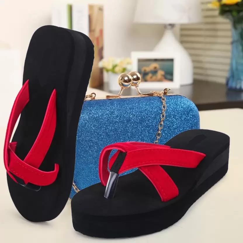 Image of Duosoft Doctor Walk Women's Platform Flip Flops, Black Cross Strap Sandals, Casual Comfort Wedge Slides (Red, UK Footwear Size System, Adult, Women, Numeric, Medium, 8)