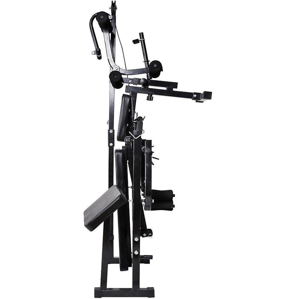 Banco de Pesas Multifunción - Torre de Poleas, Press de Pecho, Banco Predicador & Flexiones y Extensión de Piernas (Plegable y Ajustable) - Musculación, Ejercicios