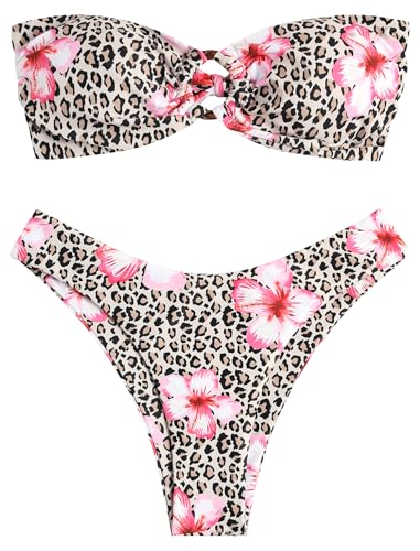 Image of ZAFUL Women's Bandeau Bikini O Ring Strapless Tie Back High Cut Two Piece Swimsuit Bathing Suits