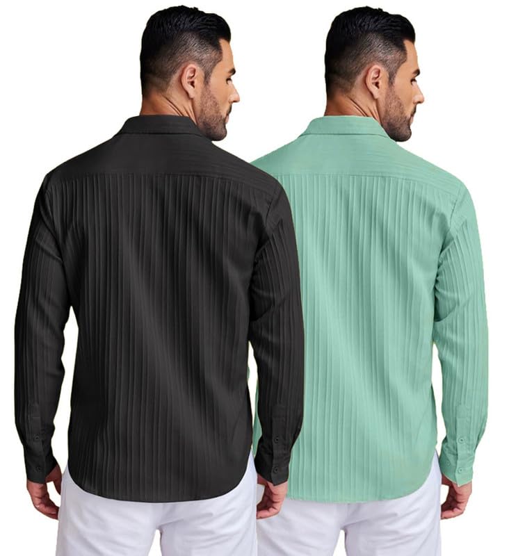 Image of DEELMO Combo of Men's Casual Button Down Shirts Long Sleeve Linen Shirt Fashion Textured Summer Shirts Pack of 2