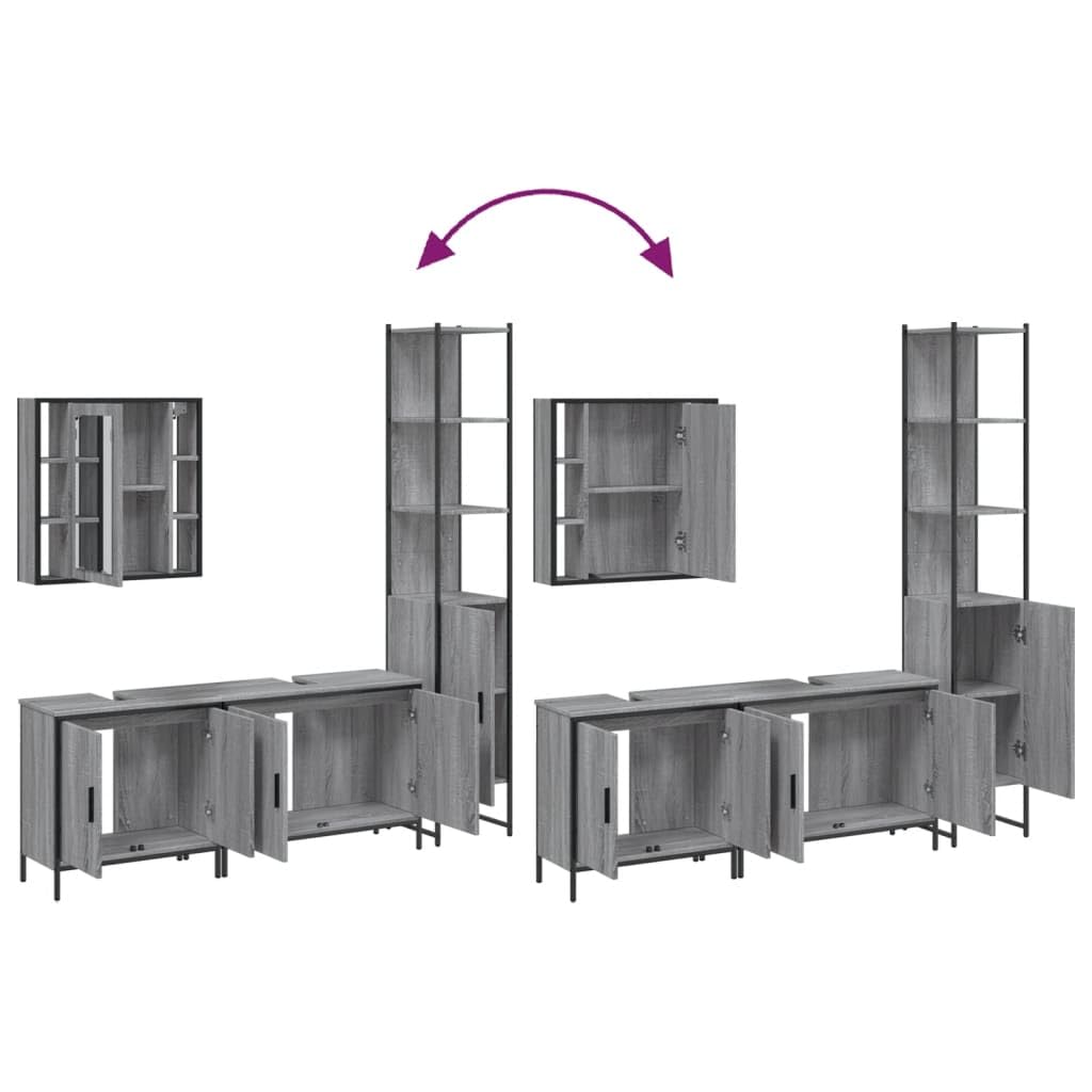 SYDE Set Armario de Baño 4 Pzas Madera Contrachapada Gris Sonoma | Con Espejo y Estante, Acero Recubierto, Patas Ajustables, Fijación a Pared