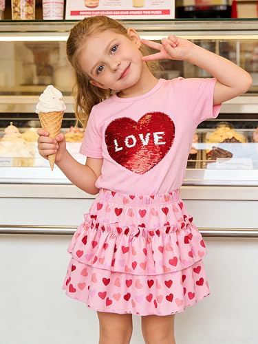 Image of Little Girls Skirt Set - 2 Piece Short Sleeve Top Shirred Tiered Skirt Outfit Girls Spring Summer Clothes 3-8 Years