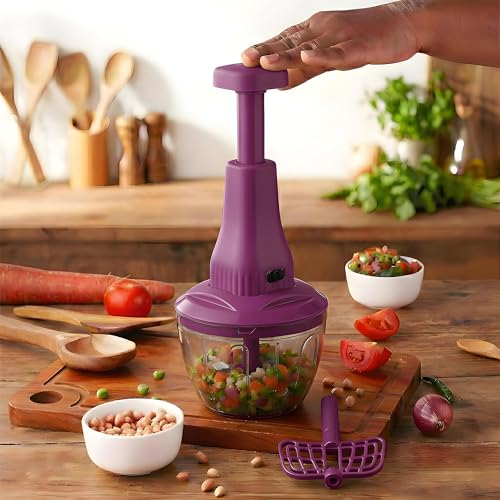 Image of Chopper for Kitchen Use | 650 ml Round Push Chopper with 3 Blades and Whisker | Chopping Vegetables & Fruits, Onion, Ginger, Garlic, Salad, Tomato, Potato (Purple)